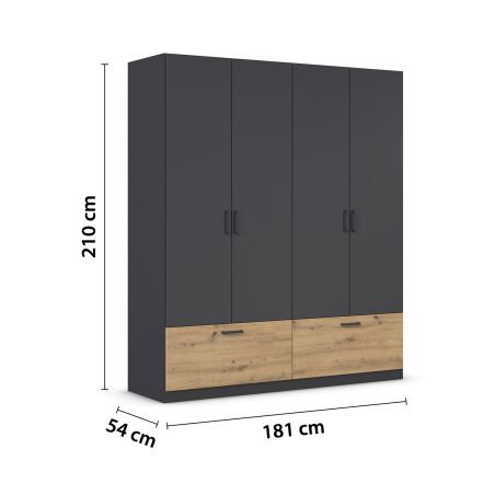 Armoire 181 cm BLISS avec 4 portes et 2 tiroirs en décor gris métal mat et chêne artisan