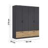 Armoire 181 cm BLISS avec 4 portes et 2 tiroirs en décor gris métal mat et chêne artisan