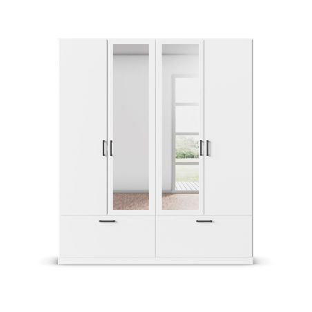 Armoire 181 cm BLISS avec 2 portes pleines, 2 portes miroirs et 2 tiroirs en décor blanc mat
