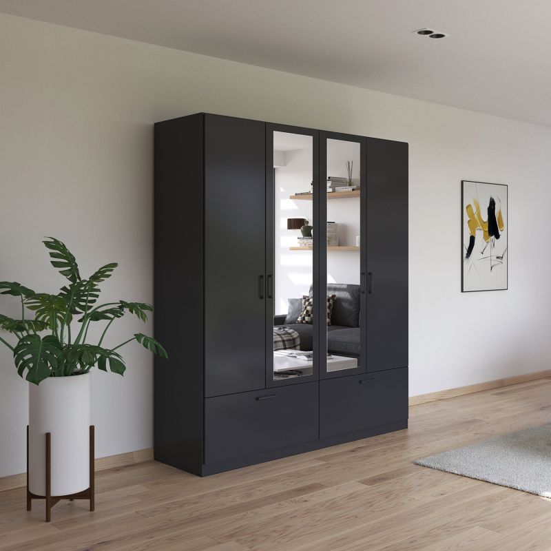 Armoire 181 cm BLISS avec 2 portes pleines, 2 portes miroirs et 2 tiroirs en décor gris metal mat