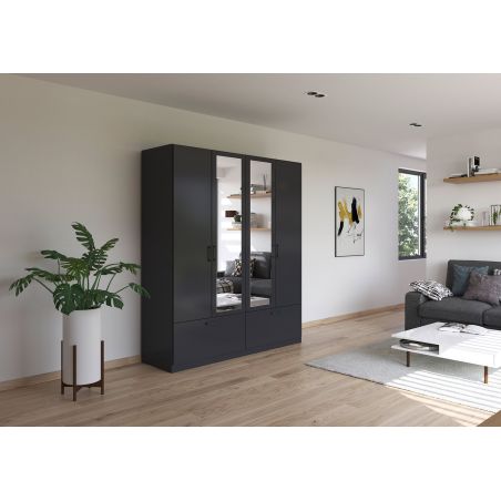 Armoire 181 cm BLISS avec 2 portes pleines, 2 portes miroirs et 2 tiroirs en décor gris metal mat