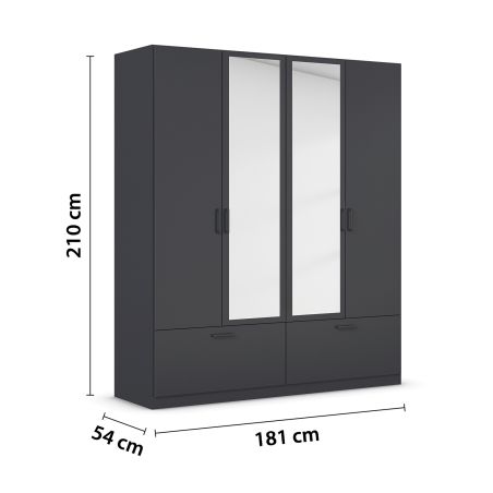Armoire 181 cm BLISS avec 2 portes pleines, 2 portes miroirs et 2 tiroirs en décor gris metal mat