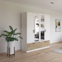 Armoire 181 cm BLISS avec 2 portes pleines, 2 portes miroirs et 2 tiroirs en décor blanc mat et chêne artisan