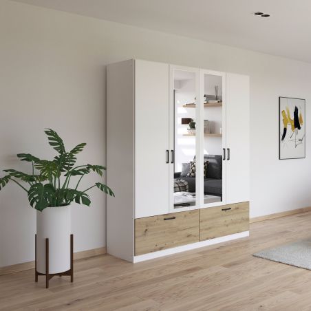 Armoire 181 cm BLISS avec 2 portes pleines, 2 portes miroirs et 2 tiroirs en décor blanc mat et chêne artisan