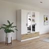 Armoire 181 cm BLISS avec 2 portes pleines, 2 portes miroirs et 2 tiroirs en décor blanc mat et chêne artisan