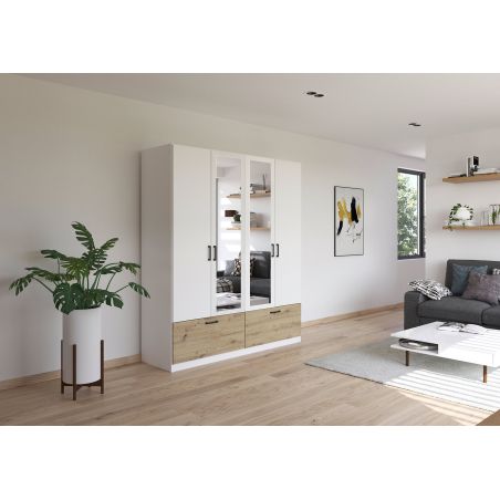 Armoire 181 cm BLISS avec 2 portes pleines, 2 portes miroirs et 2 tiroirs en décor blanc mat et chêne artisan
