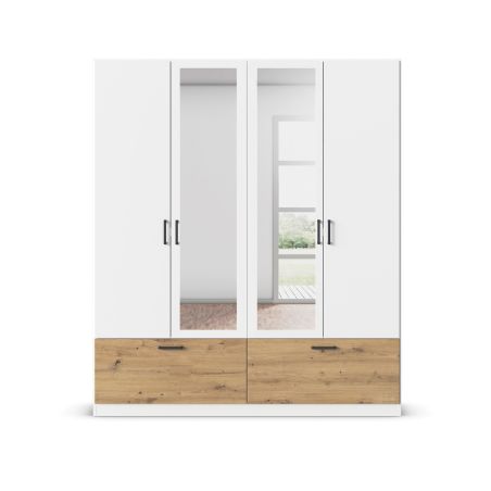 Armoire 181 cm BLISS avec 2 portes pleines, 2 portes miroirs et 2 tiroirs en décor blanc mat et chêne artisan