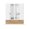 Armoire 181 cm BLISS avec 2 portes pleines, 2 portes miroirs et 2 tiroirs en décor blanc mat et chêne artisan
