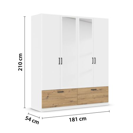 Armoire 181 cm BLISS avec 2 portes pleines, 2 portes miroirs et 2 tiroirs en décor blanc mat et chêne artisan