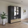 Armoire 181 cm BLISS avec 2 portes pleines, 2 portes miroirs et 2 tiroirs en décor gris metal mat et chêne artisan