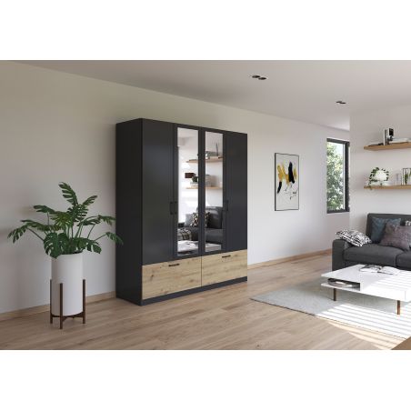 Armoire 181 cm BLISS avec 2 portes pleines, 2 portes miroirs et 2 tiroirs en décor gris metal mat et chêne artisan