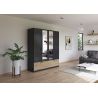 Armoire 181 cm BLISS avec 2 portes pleines, 2 portes miroirs et 2 tiroirs en décor gris metal mat et chêne artisan