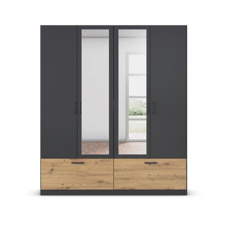 Armoire 181 cm BLISS avec 2 portes pleines, 2 portes miroirs et 2 tiroirs en décor gris metal mat et chêne artisan