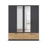 Armoire 181 cm BLISS avec 2 portes pleines, 2 portes miroirs et 2 tiroirs en décor gris metal mat et chêne artisan
