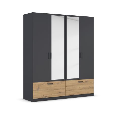 Armoire 181 cm BLISS avec 2 portes pleines, 2 portes miroirs et 2 tiroirs en décor gris metal mat et chêne artisan