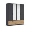 Armoire 181 cm BLISS avec 2 portes pleines, 2 portes miroirs et 2 tiroirs en décor gris metal mat et chêne artisan