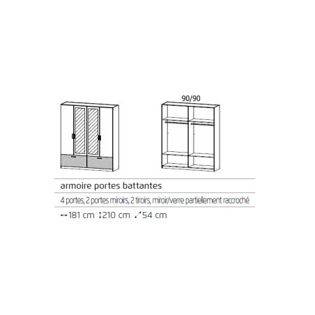 Armoire 181 cm BLISS avec 2 portes pleines, 2 portes miroirs et 2 tiroirs en décor gris metal mat et chêne artisan