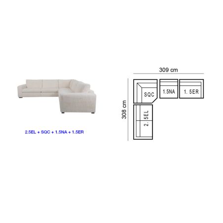 Canapé d'angle DIMITRI 308x309 cm en tissu velours côtelé crème