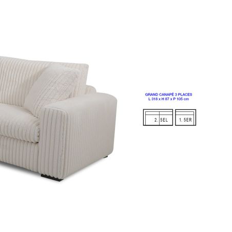 Canapé 3 places fixes DIMITRI 318 cm en tissu velours côtelé crème