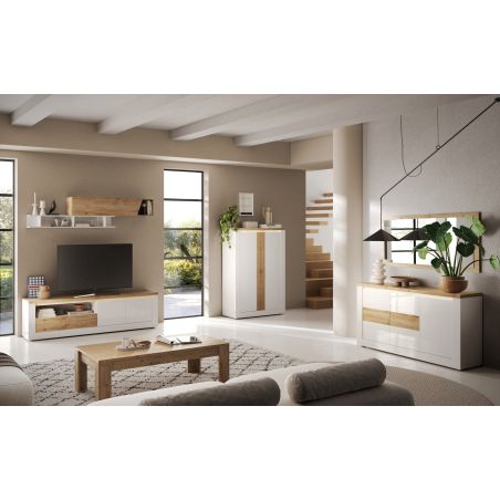Buffet haut 2 portes CRONOS BLANC CADIZ avec décor partiel cadiz en facade et LED inclus