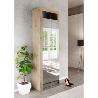 Armoire d'entrée BURGA en décor chêne cadiz avec 2 portes miroirs