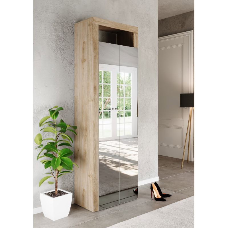 Armoire d'entrée BURGA en décor chêne cadiz avec 2 portes miroirs