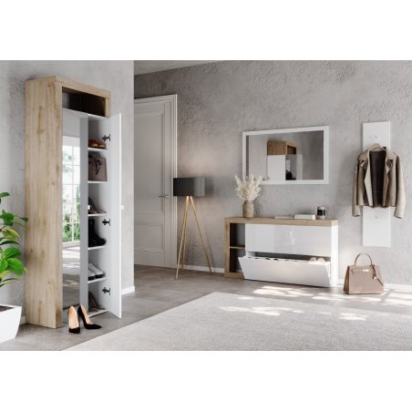 Armoire d'entrée BURGA en décor chêne cadiz avec 2 portes miroirs