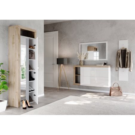 Armoire d'entrée BURGA en décor chêne cadiz avec 2 portes miroirs