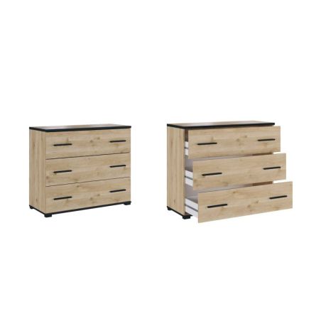 Commode KIRAN en décor chêne clair avec 3 tiroirs