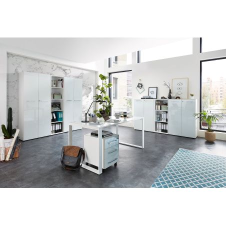 Bureau GW-MONTERIA 160 cm blanc avec tablette avec support en verre de sécurité
