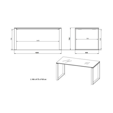 Bureau GW-MONTERIA 160 cm blanc avec tablette avec support en verre de sécurité