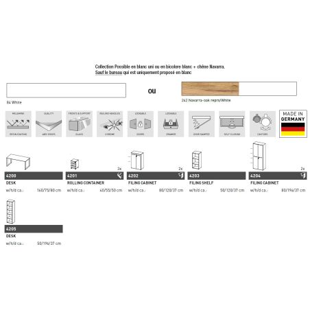 Bureau GW-MONTERIA 160 cm blanc avec tablette avec support en verre de sécurité