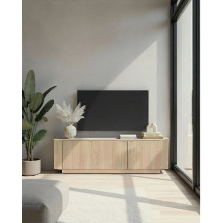 Meuble TV 180 cm MARIUS avec 3 portes en décor chêne clair