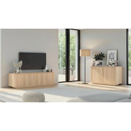 Meuble TV 180 cm MARIUS avec 3 portes en décor chêne clair
