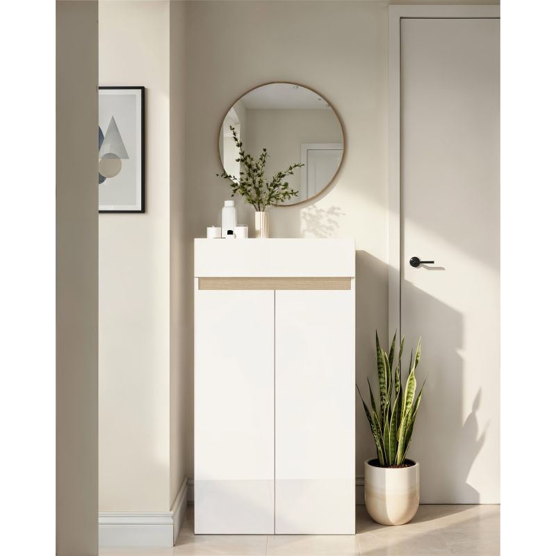 Armoire a chaussures HOLDEN avec 2 portes/1 tiroir en blanc/chêne Lindberg - hauteur 114 cm