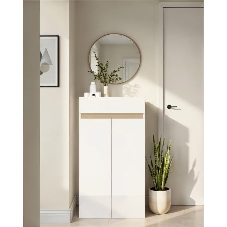 Armoire a chaussures HOLDEN avec 2 portes/1 tiroir en blanc/chêne Lindberg - hauteur 114 cm