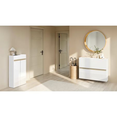 Armoire a chaussures HOLDEN avec 2 portes/1 tiroir en blanc/chêne Lindberg - hauteur 114 cm