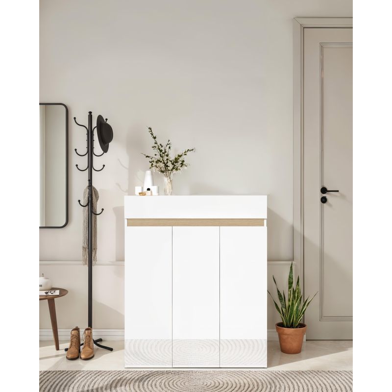 Armoire a chaussures HOLDEN avec 3 portes/1 tiroir en blanc/chêne Lindberg - hauteur 114 cm