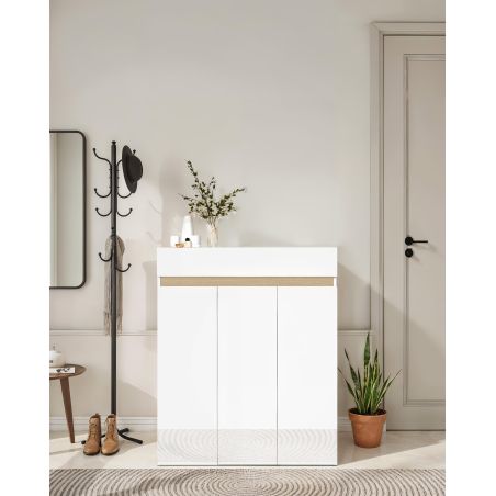 Armoire a chaussures HOLDEN avec 3 portes/1 tiroir en blanc/chêne Lindberg - hauteur 114 cm