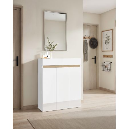 Armoire a chaussures HOLDEN avec 3 portes/1 tiroir en blanc/chêne Lindberg - hauteur 114 cm
