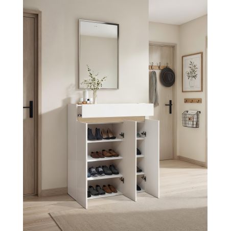 Armoire a chaussures HOLDEN avec 3 portes/1 tiroir en blanc/chêne Lindberg - hauteur 114 cm