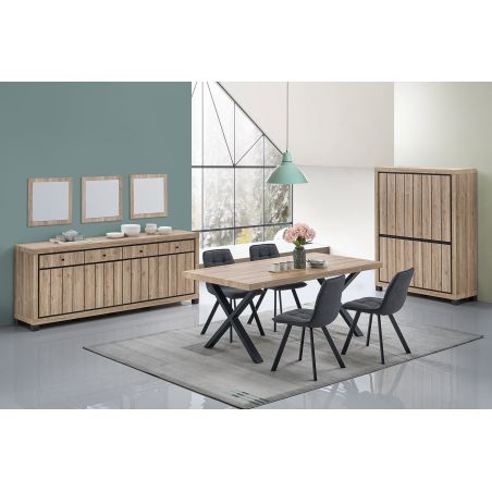 Buffet haut 4 portes GREGORY en décor chêne estival avec accents gris foncé