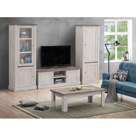 Meuble TV 157 cm CALINE avec 2 portes et 2 niches en décor bicolore