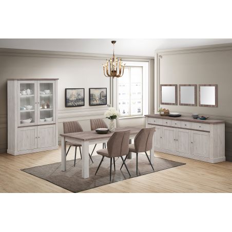 Salle à manger complète CALINE en décor bicolore chêne blanc et chêne d'automne