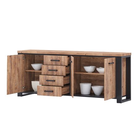 Buffet 3 portes et 4 tiroirs SORELLA en décor chêne industriel combiné à du noir mat