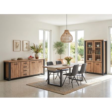 Buffet 3 portes et 4 tiroirs SORELLA en décor chêne industriel combiné à du noir mat