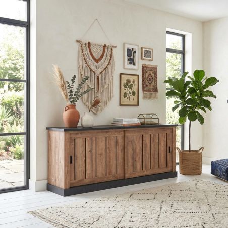 Buffet 221 cm ELIOTT de style industriel avec 2 portes coulissantes