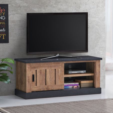 Meuble TV ELIOTT de style industriel avec 1 porte coulissante et 2 niches
