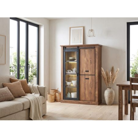 Vitrine NOAH de style industriel avec 3 portes et éclairage LED inclus