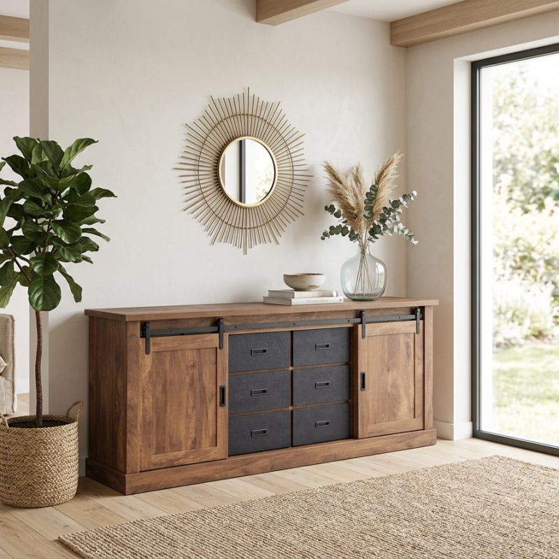 Buffet 221 cm NOAH de style industriel avec 2 portes et 6 tiroirs